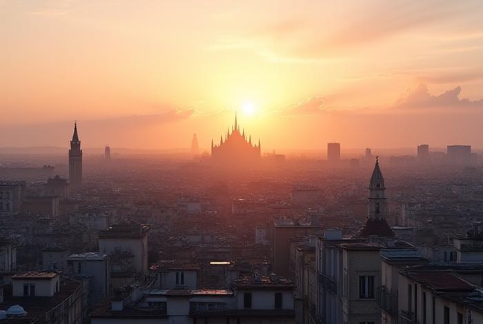 Vista panoramica sui tetti di Milano con il Duomo all'orizzonte, all'alba, con una luce dorata.