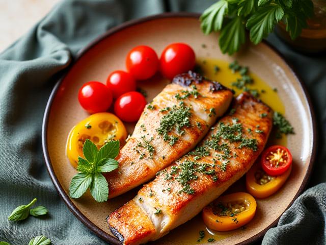 Piatto colorato di verdure fresche e pesce cotto in stile mediterraneo