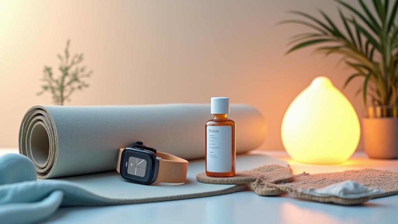 Composizione stilizzata di prodotti benessere: smartwatch, boccetta di integratori, tappetino da yoga e lampada per terapia della luce su sfondo pulito.