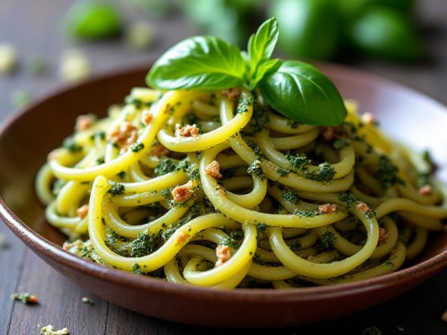 Spaghetti integrali con pesto di zucchine alla Nerano e mandorle tostate