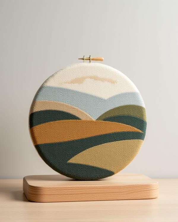 Piccolo arazzo decorativo con motivo paesaggistico stilizzato, colori della terra, realizzato a mano